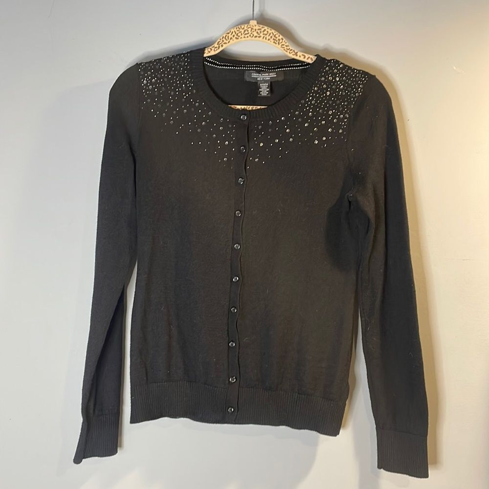 Central Park West Black Crewneck Cardigan with Embellished Shoulders